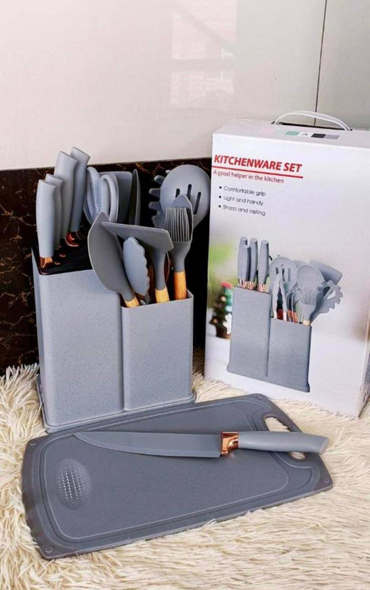 طقم أدوات مطبخ متكامل 19 قطعة من السيليكون – مقاوم للحرارة مع سكاكين حادة